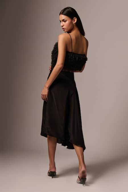 Shop_Emblaze_Black Tulle, Crepe Ruffles Square Neck Frilled Cut-out Dress _at_Aza_Fashions