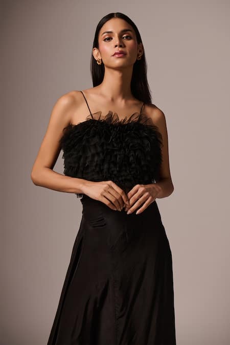 Emblaze_Black Tulle, Crepe Ruffles Square Neck Frilled Cut-out Dress _Online_at_Aza_Fashions
