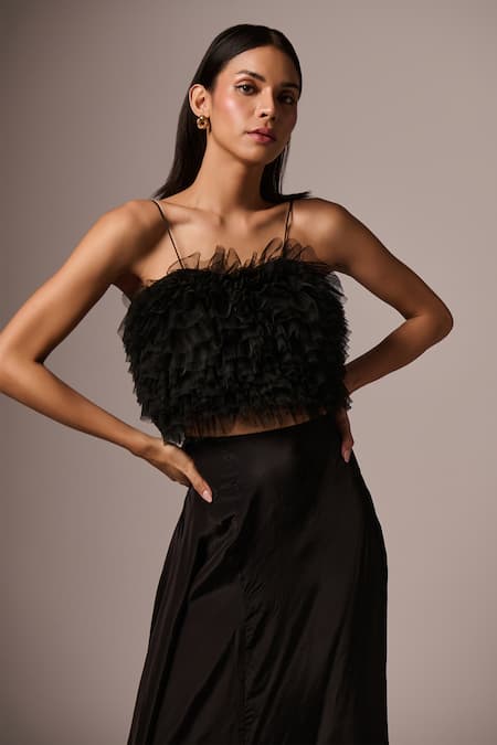 Buy_Emblaze_Black Tulle, Crepe Ruffles Square Neck Frilled Cut-out Dress _Online_at_Aza_Fashions