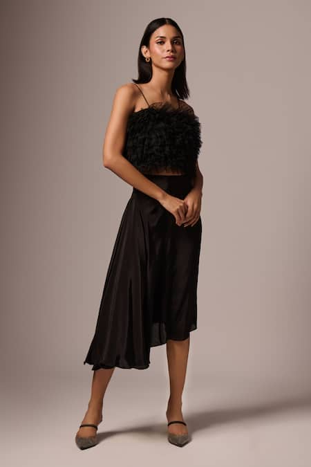 Shop_Emblaze_Black Tulle, Crepe Ruffles Square Neck Frilled Cut-out Dress _Online_at_Aza_Fashions