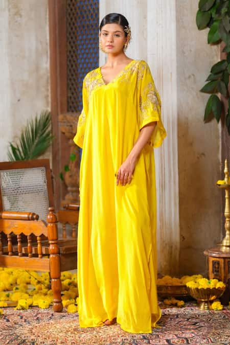 Anu Pellakuru Yellow Chinnon Chiffon Embroidered Glass Bead V Neck Kaftan 