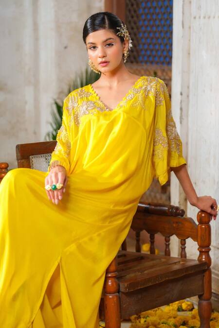 Anu Pellakuru Yellow Crepe, Chiffon Pearls, Beads V-neck Glass Embroidered Kaftan Online at Aza Fashions Anu Pellakuru_Yellow Crepe, Chiffon Pearls, Beads V-neck Glass Embroidered Kaftan _Online_at_Aza_Fashions