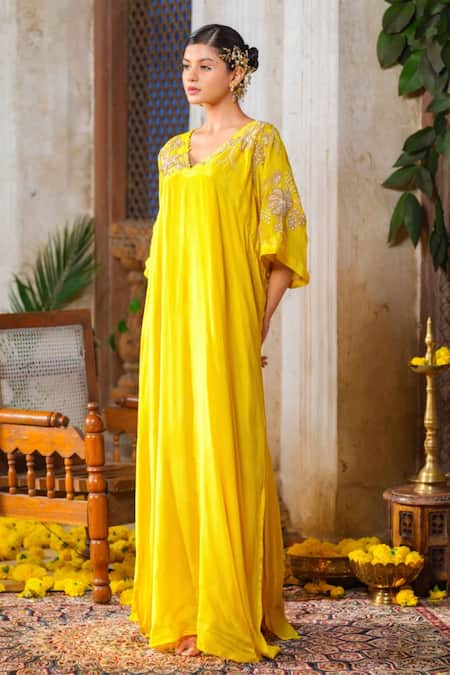 Buy Anu Pellakuru Yellow Crepe, Chiffon Pearls, Beads V-neck Glass Embroidered Kaftan Online at Aza Fashions Buy_Anu Pellakuru_Yellow Crepe, Chiffon Pearls, Beads V-neck Glass Embroidered Kaftan _Online_at_Aza_Fashions