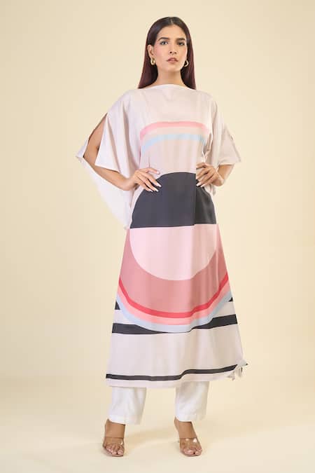 Buy_Naintara Bajaj_Beige Silk, Crepe Boat Neck Dreamy Kaftan Dress 