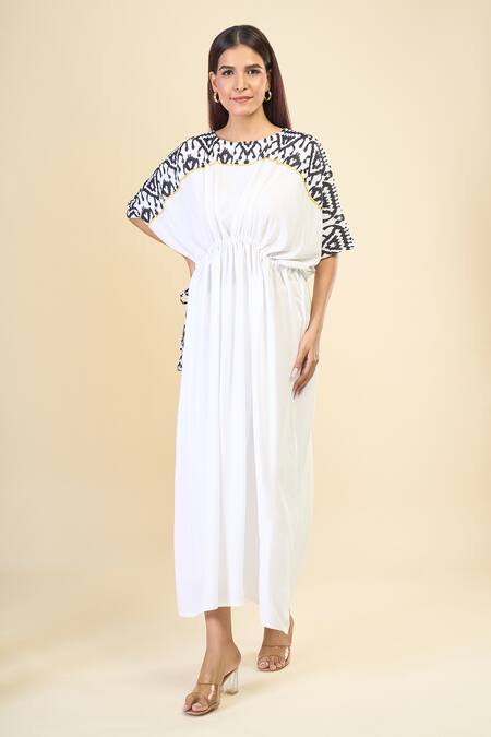 Samyukta Singhania White 100% Natural Viscose Rayon Printed Ikat Boat Serene Kaftan Dress  7