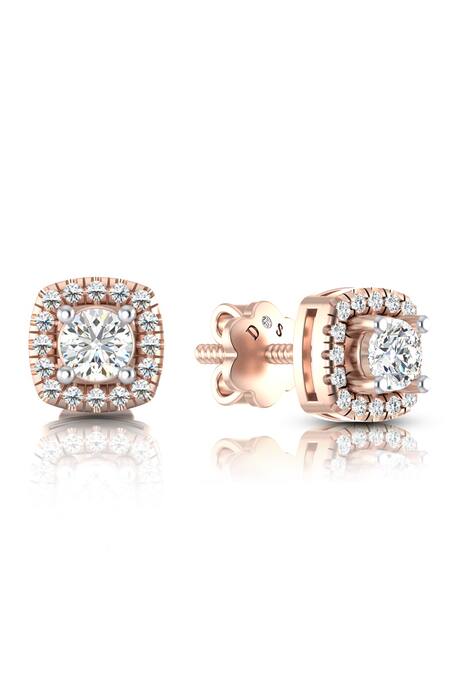 Divine Solitaires_Rose Gold Imitation Diamonds 18kt Square Cutwork Studs_Online_at_Aza_Fashions