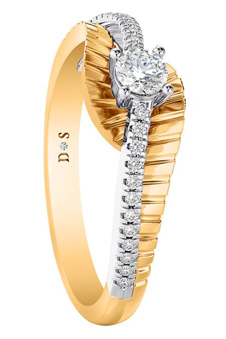 Divine Solitaires_Yellow Imitation Diamonds Solitaire Textured Wave Ring_Online_at_Aza_Fashions