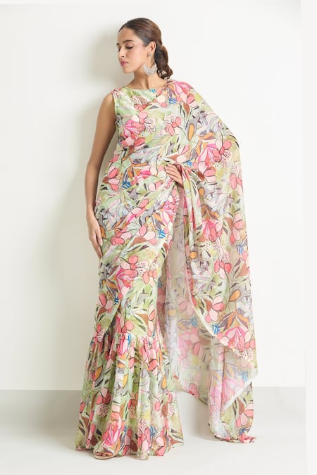 Shop Naintara Bajaj Green Georgette Round Neck Leaf Printed Saree Gown Shop_Naintara Bajaj_Green Georgette Round Neck Leaf Printed Saree Gown