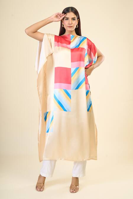 Shop_Samyukta Singhania_Beige Boat Neck Sunshine Geometric Print Kaftan 