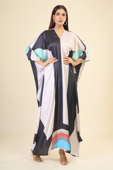 Shop Naintara Bajaj Black Silk, Crepe V-neck Abstract Print Kaftan Shop_Naintara Bajaj_Black Silk, Crepe V-neck Abstract Print Kaftan