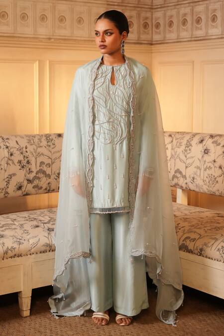 Midushi Bajoria_Blue Organza, Silk Pearls, Embroidery Work Embellished Short Kurta Sharara Set _Online_at_Aza_Fashions