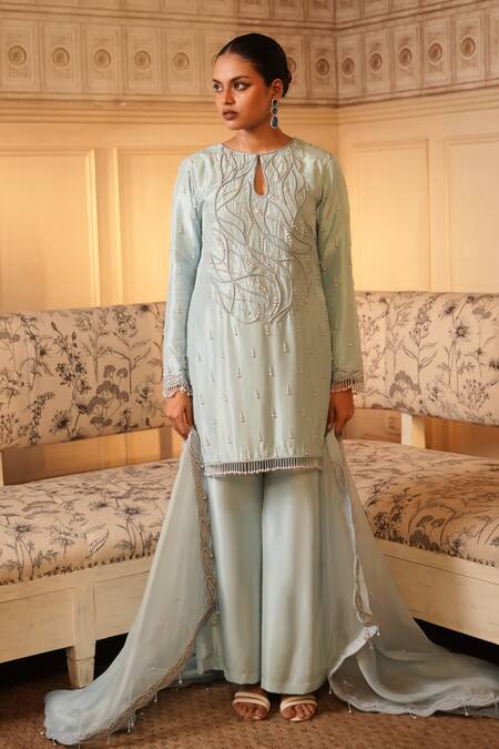 Buy_Midushi Bajoria_Blue Organza, Silk Pearls, Embroidery Work Embellished Short Kurta Sharara Set _Online_at_Aza_Fashions