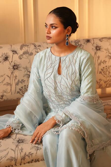 Midushi Bajoria_Blue Organza, Silk Pearls, Embroidery Work Embellished Short Kurta Sharara Set _at_Aza_Fashions
