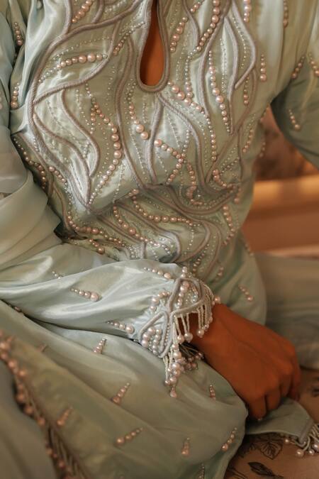 Buy_Midushi Bajoria_Blue Organza, Silk Pearls, Embroidery Work Embellished Short Kurta Sharara Set 