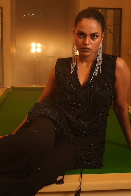 Shop_Midushi Bajoria_Black Net, Georgette Pearls, Embellished Jacket Tunic With Bell Bottom Pant 