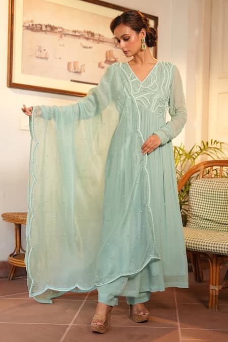 Shop Midushi Bajoria Blue Organza, Georgette, Denim, Linen Pearls Work Embellished Anarkali Pant Set at Aza Fashions Shop_Midushi Bajoria_Blue Organza, Georgette, Denim, Linen Pearls Work Embellished Anarkali Pant Set _at_Aza_Fashions