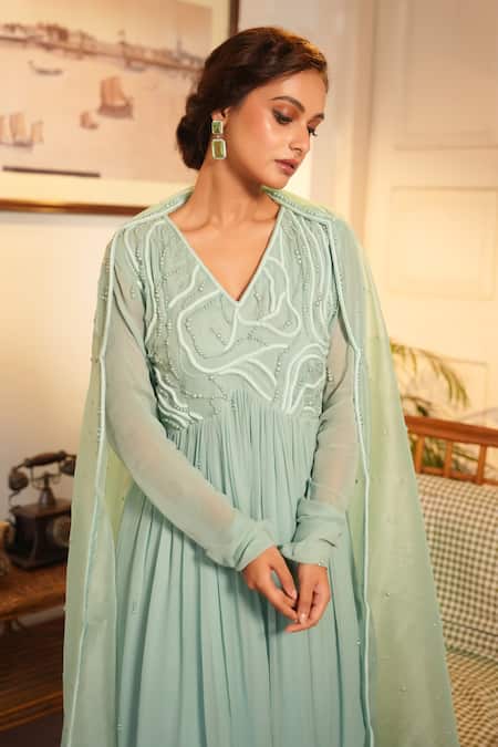 Midushi Bajoria_Blue Organza, Georgette, Denim, Linen Pearls Work Embellished Anarkali Pant Set _Online_at_Aza_Fashions