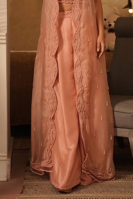 Midushi Bajoria Peach Silk, Organza, Linen Pearls, Embellished Scalloped Jacket Flared Pant Set Online at Aza Fashions Midushi Bajoria_Peach Silk, Organza, Linen Pearls, Embellished Scalloped Jacket Flared Pant Set _Online_at_Aza_Fashions