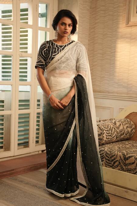 Midushi Bajoria_Black Organza, Chanderi, Denim Gradient Ombre Saree With 3d Threadwork Blouse _Online_at_Aza_Fashions