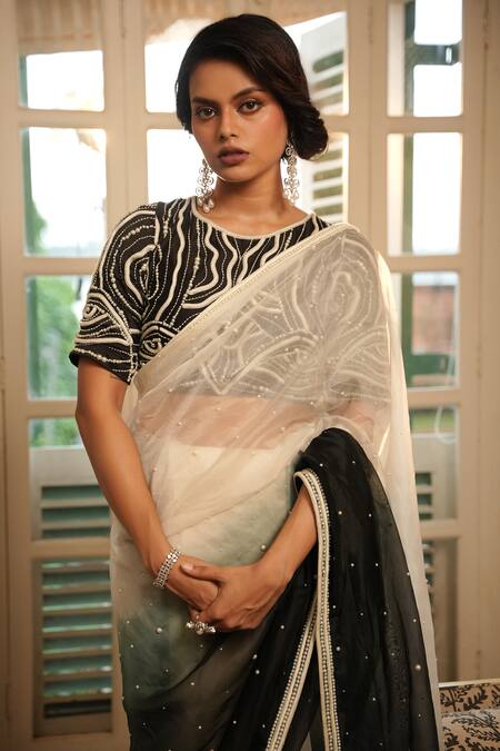 Midushi Bajoria_Black Organza, Chanderi, Denim Gradient Ombre Saree With 3d Threadwork Blouse _at_Aza_Fashions
