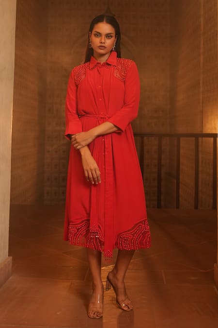 Midushi Bajoria Red Pure Crepe Embellished Pearl Shirt Collar Patchwork Dress 