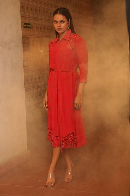 Midushi Bajoria_Red Crepe Pearls, Patchwork Collared Embellished Dress _Online_at_Aza_Fashions