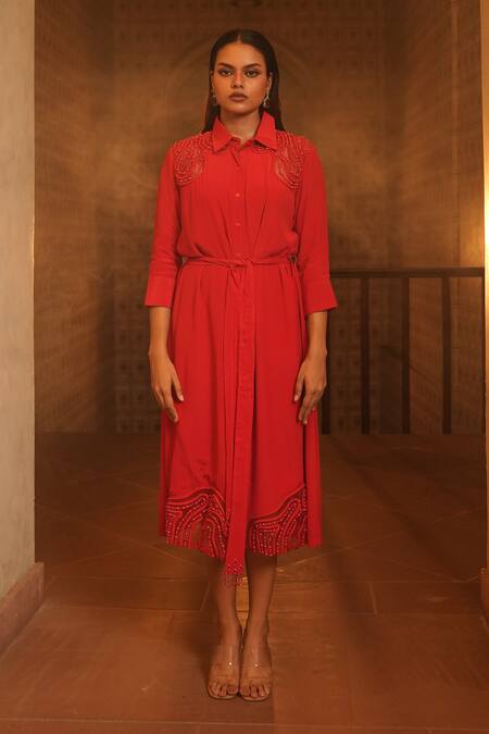 Shop_Midushi Bajoria_Red Crepe Pearls, Patchwork Collared Embellished Dress _Online_at_Aza_Fashions
