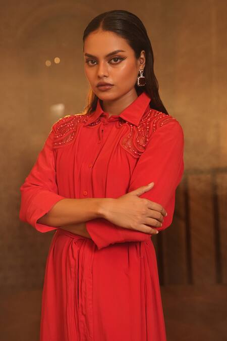 Midushi Bajoria_Red Crepe Pearls, Patchwork Collared Embellished Dress _at_Aza_Fashions