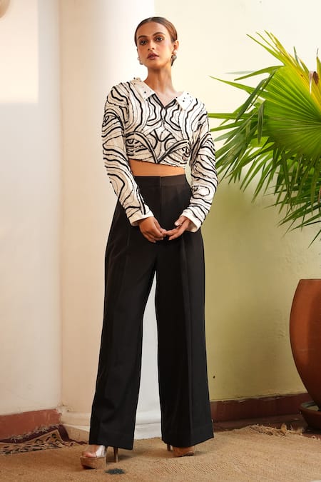 Midushi Bajoria Pearl Embellished 3D Crop Top With Flared Pant 