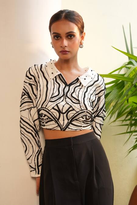 Buy_Midushi Bajoria_White Silk Pearls, Embroidery Collared Embellished 3d Crop Top With Pant 