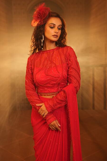 Shop_Midushi Bajoria_Red Georgette, Linen, Organza Embroidery, Embellished Pre-draped Saree And Blouse _Online_at_Aza_Fashions