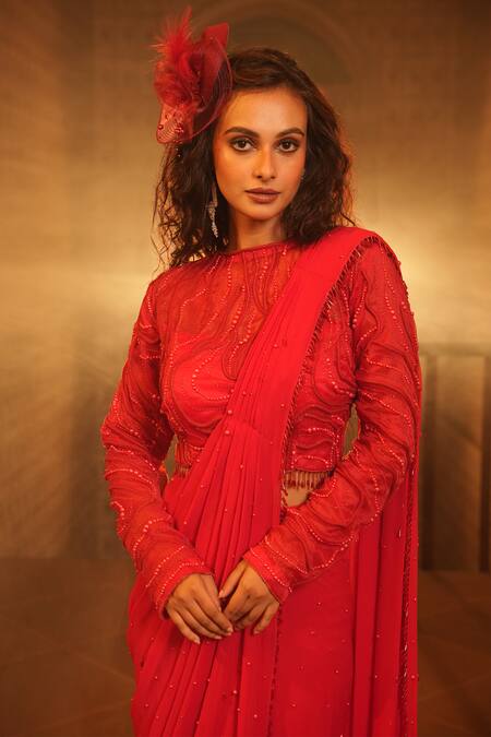 Midushi Bajoria_Red Georgette, Linen, Organza Embroidery, Embellished Pre-draped Saree And Blouse _at_Aza_Fashions