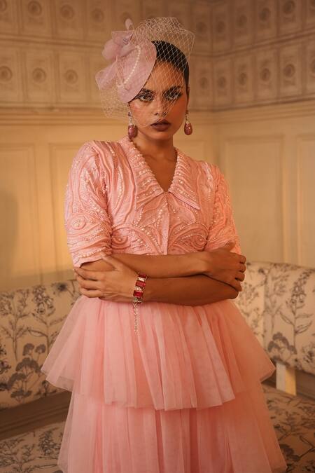 Midushi Bajoria_Pink Silk, Tulle, Linen Pearls Collared Embellished Crop Top With Skirt _Online_at_Aza_Fashions