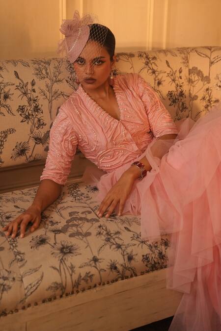 Buy_Midushi Bajoria_Pink Silk, Tulle, Linen Pearls Collared Embellished Crop Top With Skirt _Online_at_Aza_Fashions