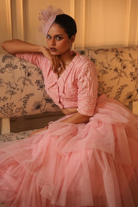 Shop_Midushi Bajoria_Pink Silk, Tulle, Linen Pearls Collared Embellished Crop Top With Skirt _Online_at_Aza_Fashions