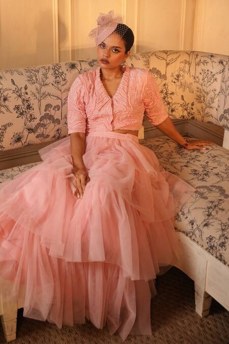 Midushi Bajoria_Pink Silk, Tulle, Linen Pearls Collared Embellished Crop Top With Skirt _at_Aza_Fashions