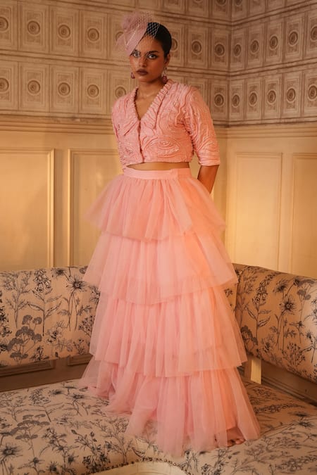 Buy_Midushi Bajoria_Pink Silk, Tulle, Linen Pearls Collared Embellished Crop Top With Skirt 