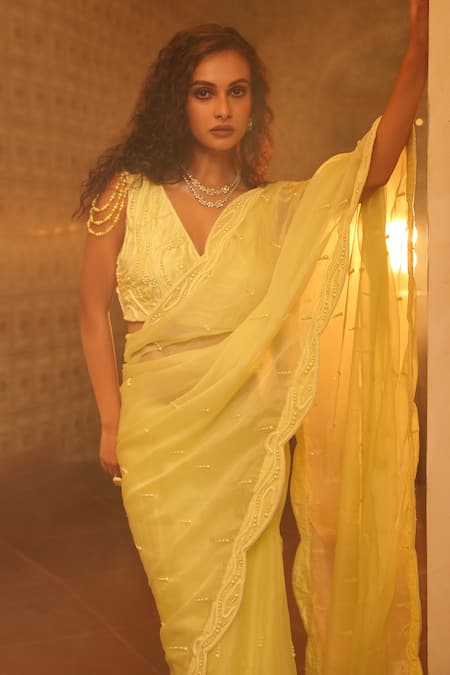 Midushi Bajoria_Green Organza, Silk, Linen Pearls, Embellished Scallop Hem Saree With Blouse _Online_at_Aza_Fashions