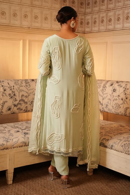 Shop_Midushi Bajoria_Green Organza, Crepe Pearls, Tassels V-neck Embellished Kurta Pant Set _at_Aza_Fashions