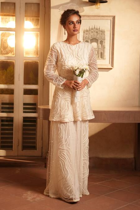 Midushi Bajoria_Off White Net, Linen Pearls, Chains Round Embellished Peplum Kurta With Gharara _Online_at_Aza_Fashions