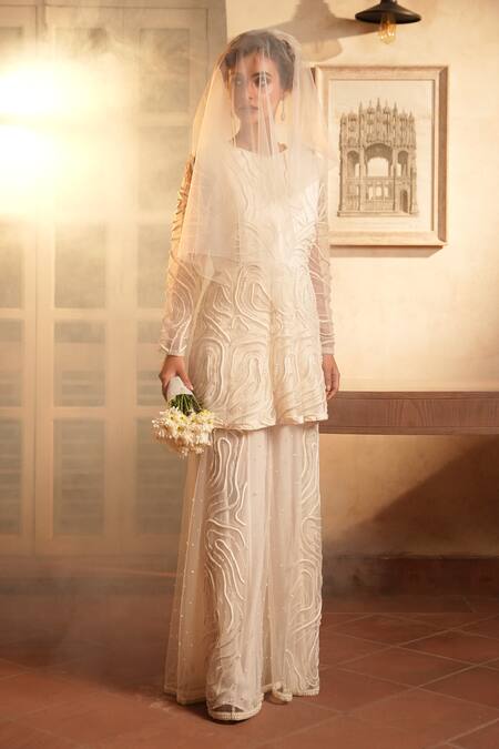 Buy_Midushi Bajoria_Off White Net, Linen Pearls, Chains Round Embellished Peplum Kurta With Gharara _Online_at_Aza_Fashions