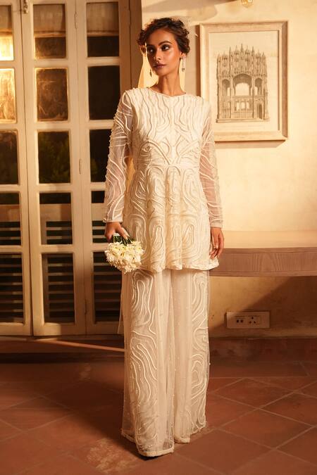 Shop_Midushi Bajoria_Off White Net, Linen Pearls, Chains Round Embellished Peplum Kurta With Gharara 