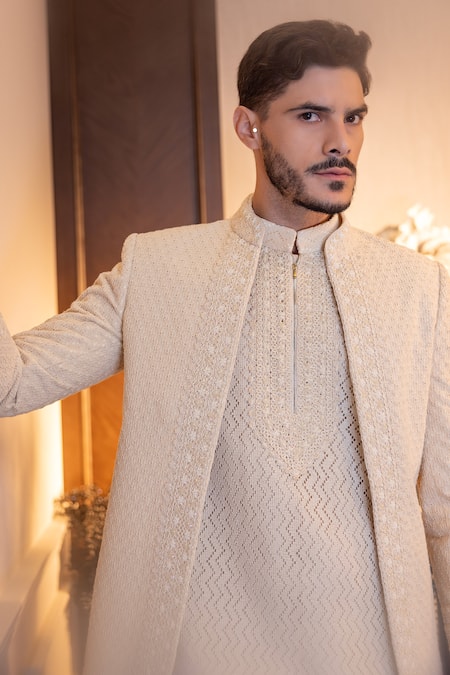 Shop Amit Arora Cream Cotton, Polyester, Lycra Beads, Embroidery Crochet Jacket Pant Set at Aza Fashions Shop_Amit Arora_Cream Cotton, Polyester, Lycra Beads, Embroidery Crochet Jacket Pant Set _at_Aza_Fashions