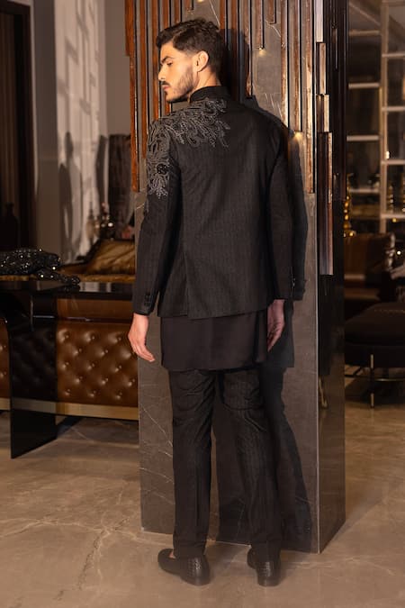 Shop Amit Arora Black Cotton, Modal Beads, Sequins Embroidered Textured Bandhgala Pant Set at Aza Fashions Shop_Amit Arora_Black Cotton, Modal Beads, Sequins Embroidered Textured Bandhgala Pant Set _at_Aza_Fashions