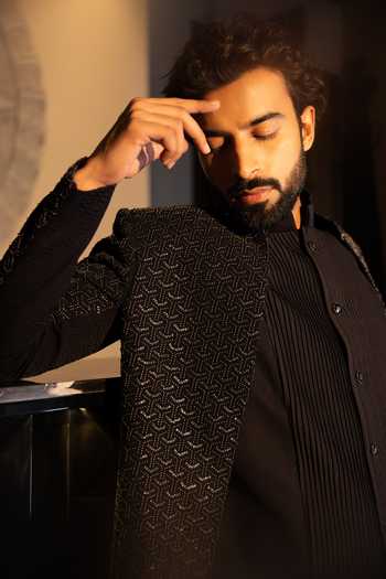 Amit Arora_Black Polyester Sequins, Beads Geometric Embroidered Bandhgala Waistcoat Set _Online_at_Aza_Fashions