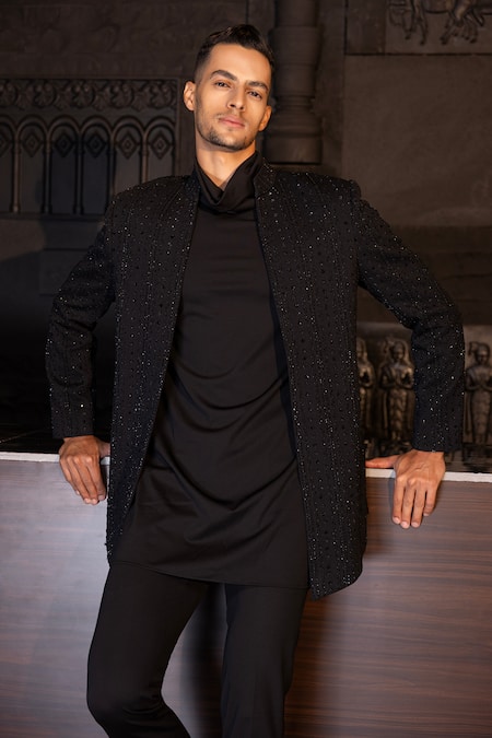 Shop Amit Arora Black Lycra Sequins, Beads Embroidered Jacket Kurta Set at Aza Fashions Shop_Amit Arora_Black Lycra Sequins, Beads Embroidered Jacket Kurta Set _at_Aza_Fashions
