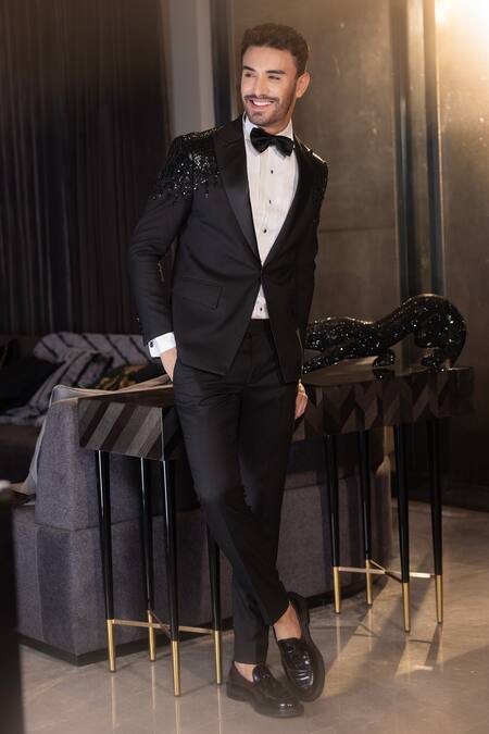 Shop_Amit Arora_Black Polyester Sequins Embellished Suit And Pant Set _Online_at_Aza_Fashions