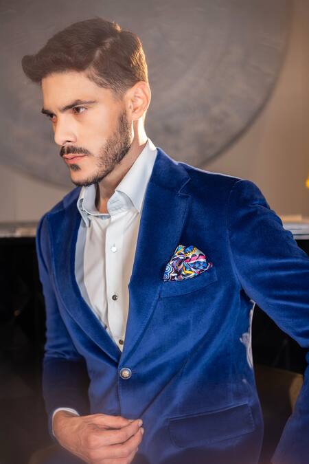 Amit Arora_Blue Cotton, Velvet Solid Notched Lapel Collar Double Breasted Blazer _Online_at_Aza_Fashions