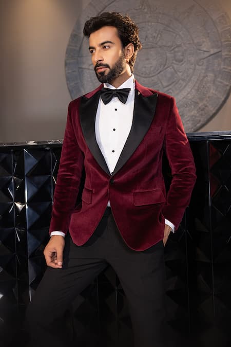 Amit Arora Wine Cotton, Velvet Solid Notched Lapel Collar Single Breasted Blazer Online at Aza Fashions Amit Arora_Wine Cotton, Velvet Solid Notched Lapel Collar Single Breasted Blazer _Online_at_Aza_Fashions