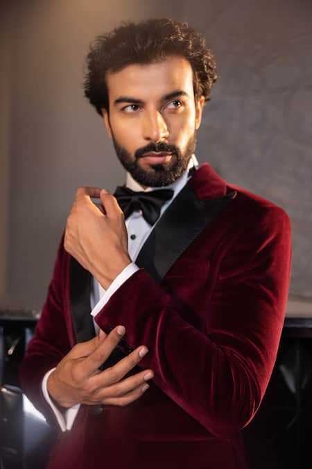 Buy Amit Arora Wine Cotton, Velvet Solid Notched Lapel Collar Single Breasted Blazer Online at Aza Fashions Buy_Amit Arora_Wine Cotton, Velvet Solid Notched Lapel Collar Single Breasted Blazer _Online_at_Aza_Fashions
